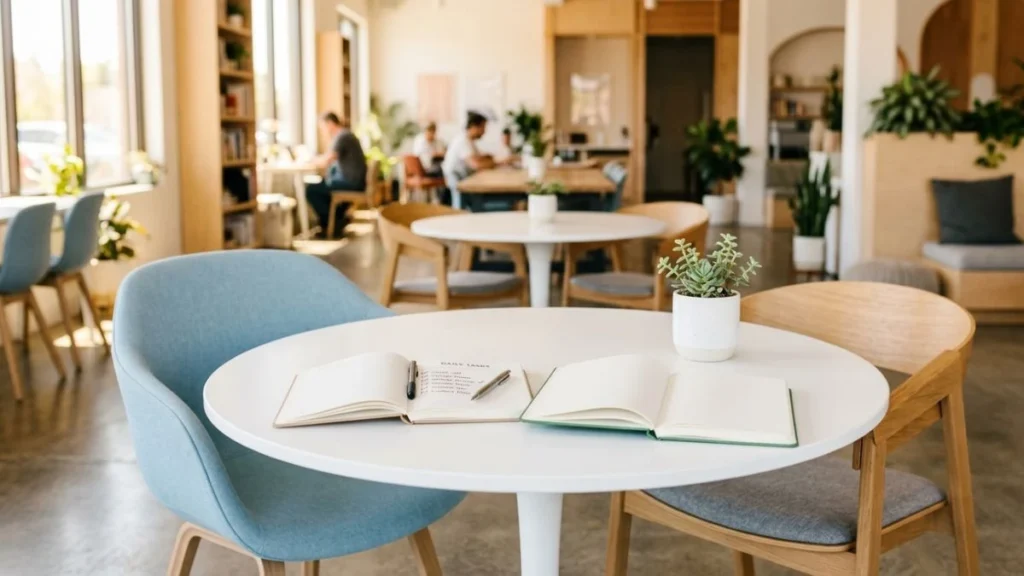 Two open notebooks on a round table in a co-working space — ai client onboarding workflow built for consistent client experience.