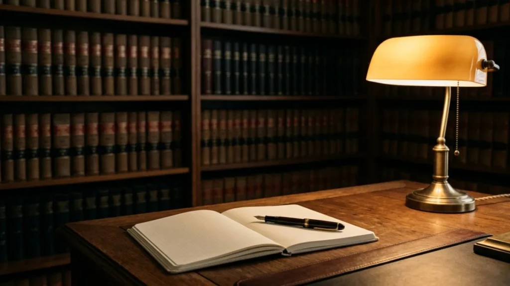Clean law office desk with fountain pen and notebook — ai tools for lawyers organized by task and firm size.