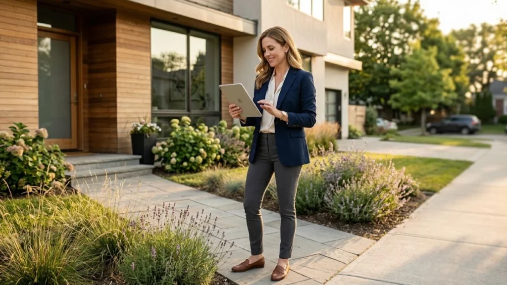 Real estate professional reviewing tablet outside a residential property — ai tools for real estate agents in daily workflow.