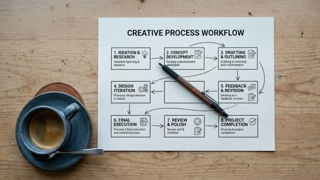 Overhead flat lay of a workflow diagram with hand-drawn connectors — ai workflow automation for professionals planning session.