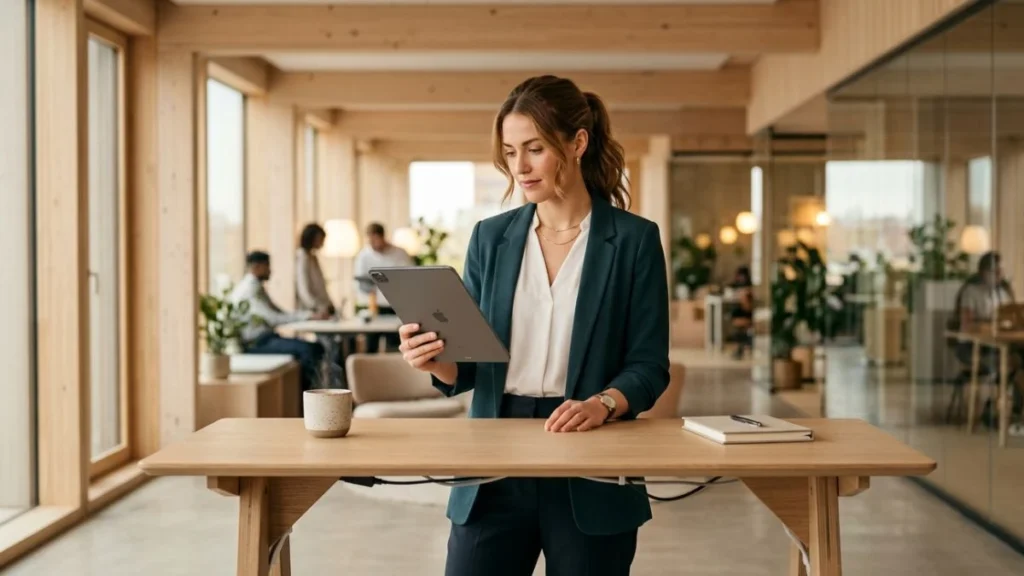 Professional reviewing work at a standing desk — best ai tools for professionals in a modern office setting.