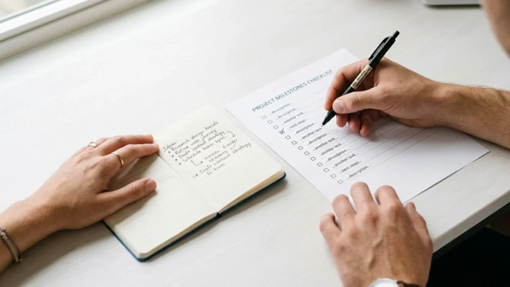 Hands reviewing a printed checklist at a desk — chatgpt prompts for hr managers organized by workflow stage.