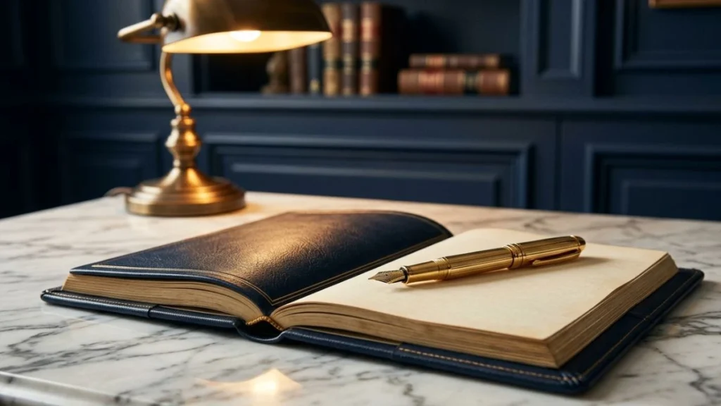 Leather notebook and fountain pen on a marble desk — chatgpt prompts for lawyers in a classic legal office setting.