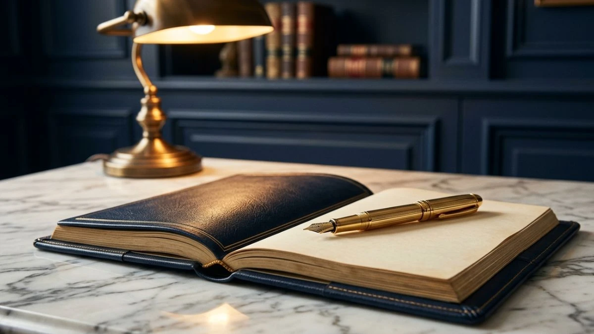 Leather notebook and fountain pen on a marble desk — chatgpt prompts for lawyers in a classic legal office setting.
