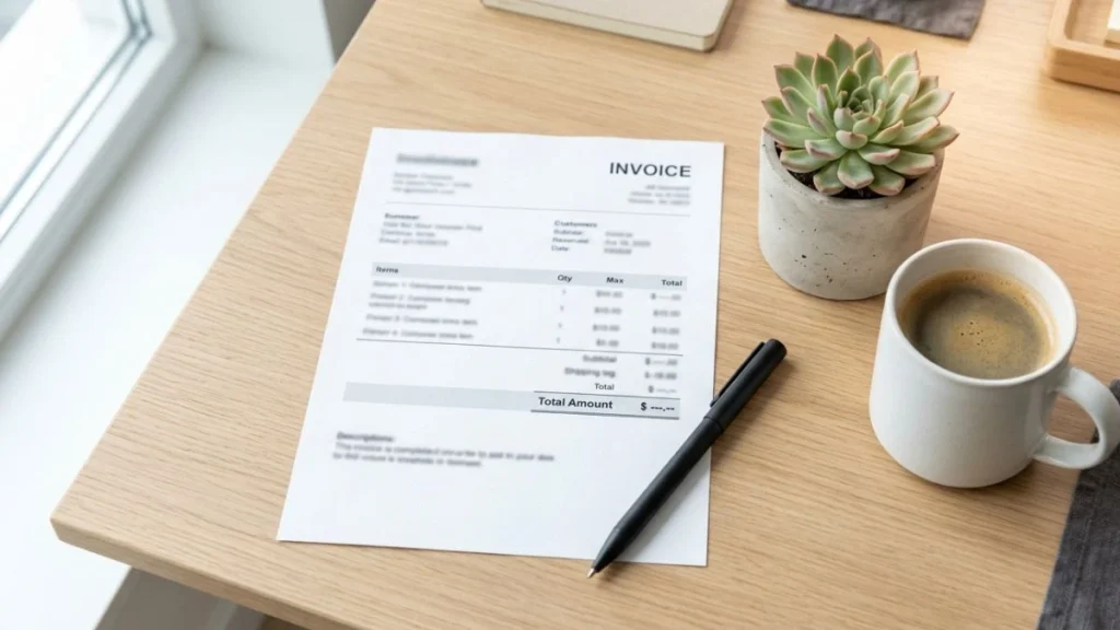Flat lay of a printed invoice on a minimal home office desk — invoice automation for freelancers with Make.com workflow.