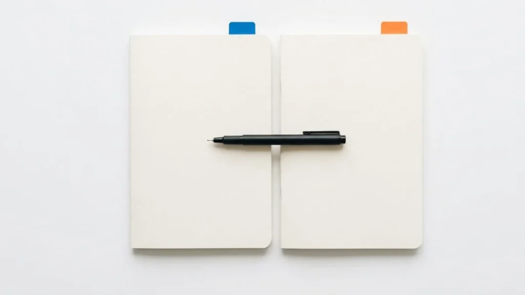 Two notebooks side by side representing a jasper vs copy ai comparison on a clean white studio surface.