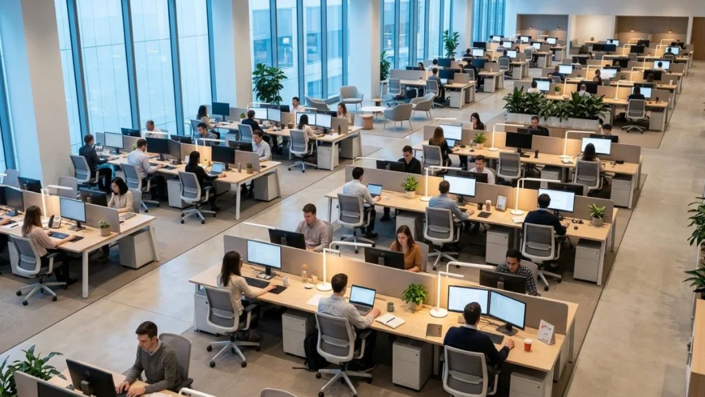 Modern open-plan office with coordinated team activity — complete guide to AI automation tools and workflow platforms for 2026.