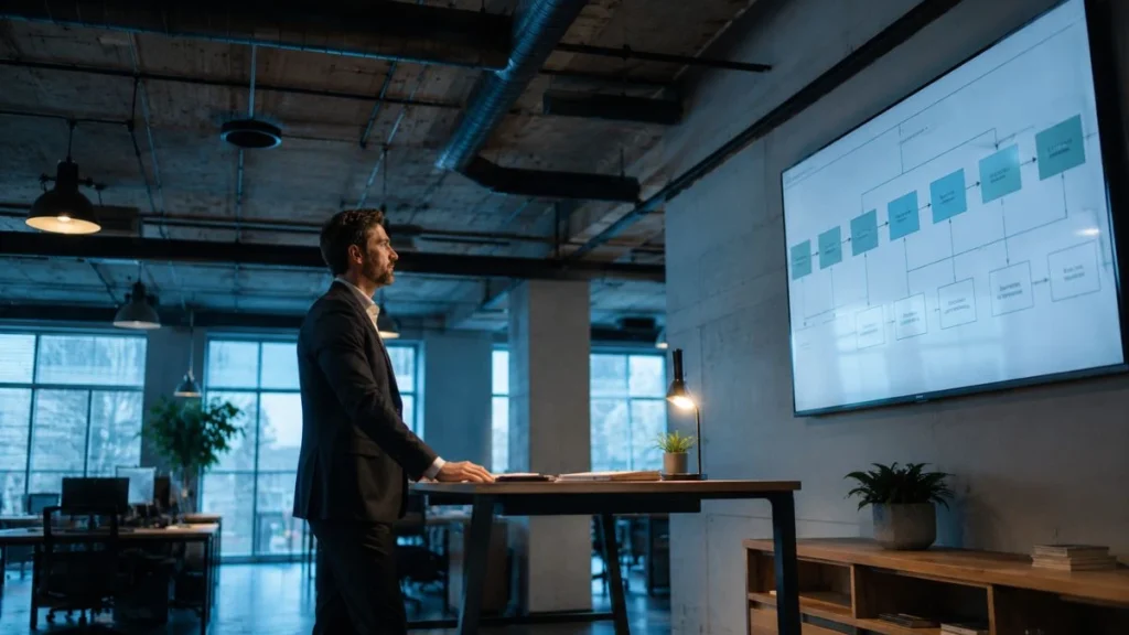 Sales professional reviewing an AI lead generation workflow pipeline diagram — step-by-step automation for B2B sales teams.