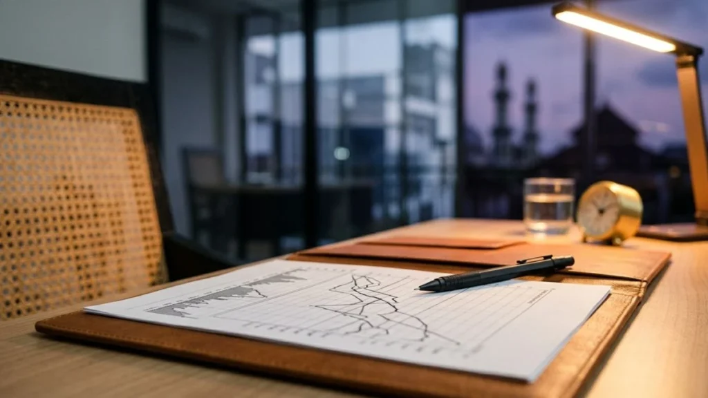 Financial chart in a leather portfolio on a desk — ai tools for financial analysts organized by task and team size.
