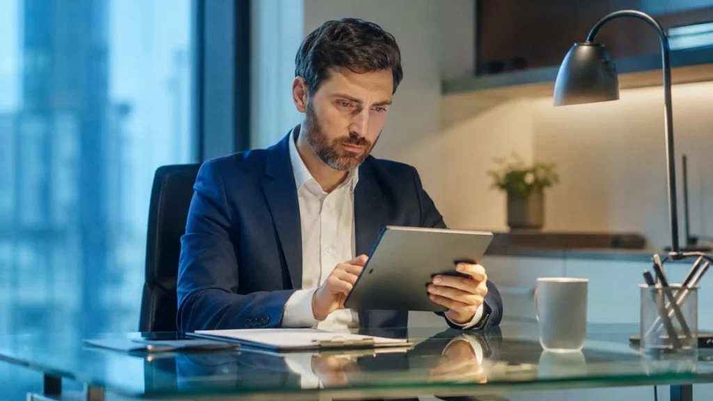 Accountant reviewing AI-generated financial data on a tablet — best AI tools for accountants in a modern office setting.
