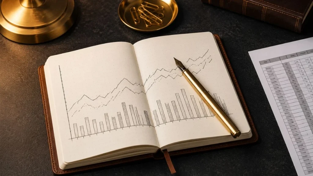 Leather notebook with financial chart and gold pen — chatgpt prompts for financial analysts covering modeling and reporting tasks.
