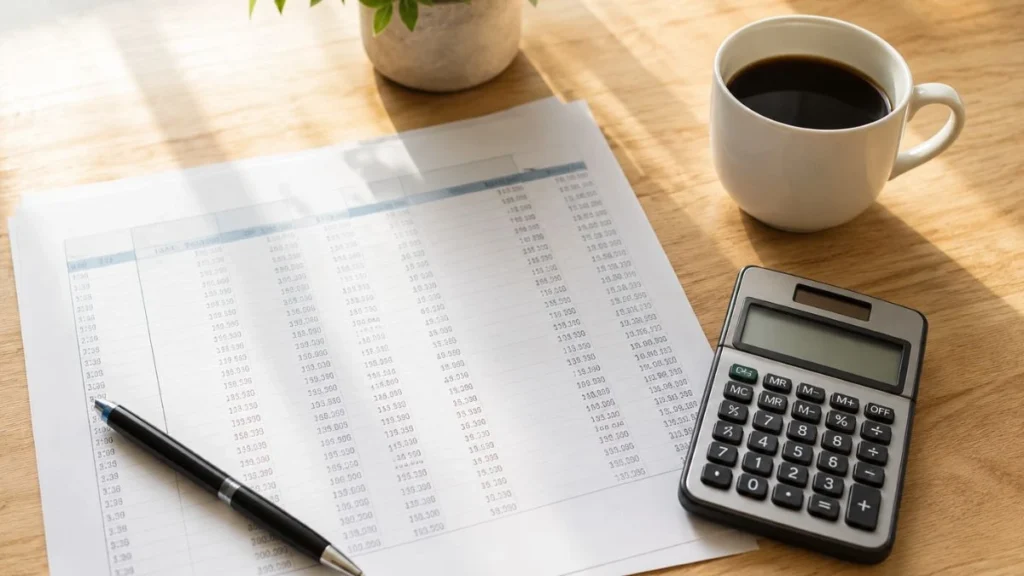 Accountant's organized desk with documents and spreadsheet — ChatGPT prompts for accountants to streamline bookkeeping and tax workflows.