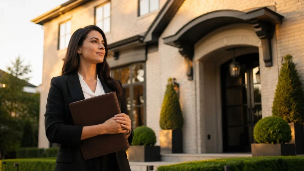 Real estate agent in front of a listed property at golden hour — using ChatGPT prompts for real estate agents to prepare listings faster.