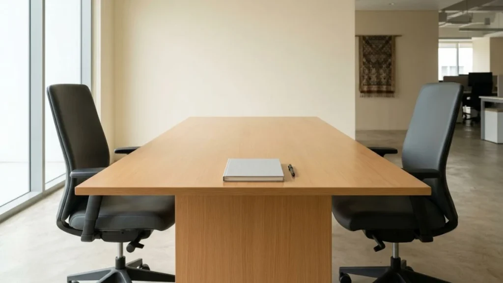 Empty executive meeting table with two chairs — ChatGPT vs Claude for business comparison and decision guide for 2026.