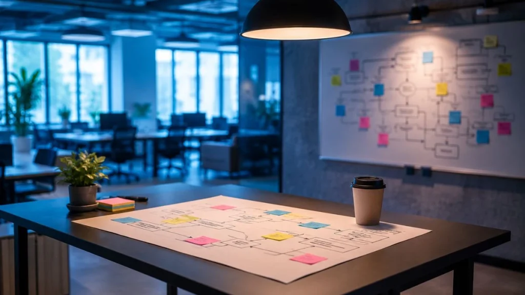 Printed workflow diagram with sticky notes on a standing desk — lead generation automation make.com blueprint for B2B sales teams.