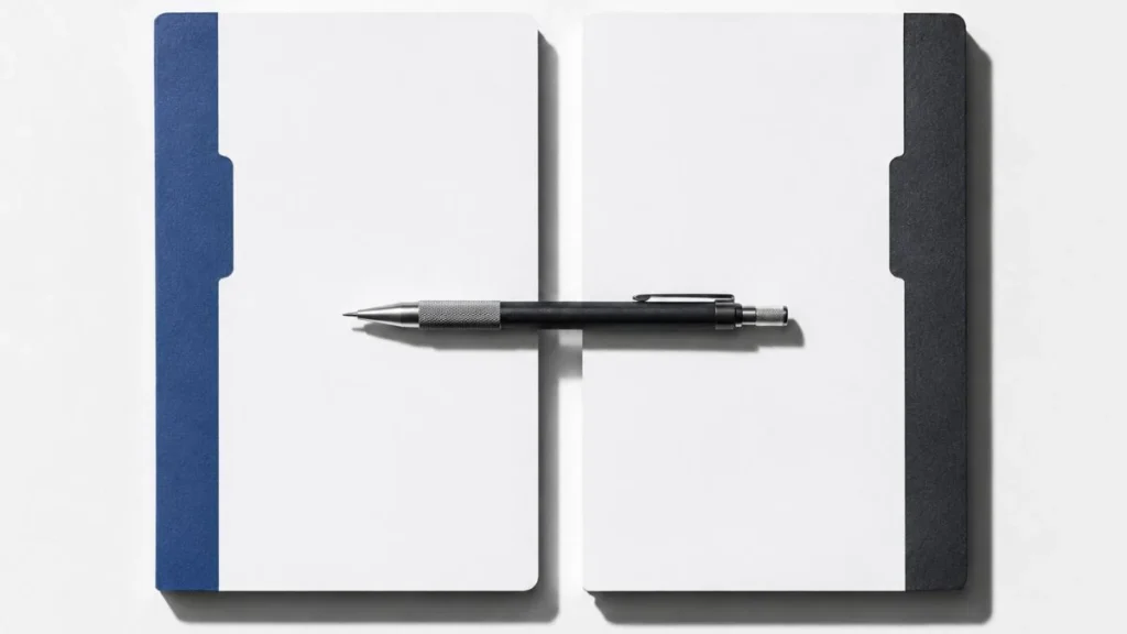 Two parallel notebooks on a white desk representing a make vs zapier platform comparison for workflow automation.