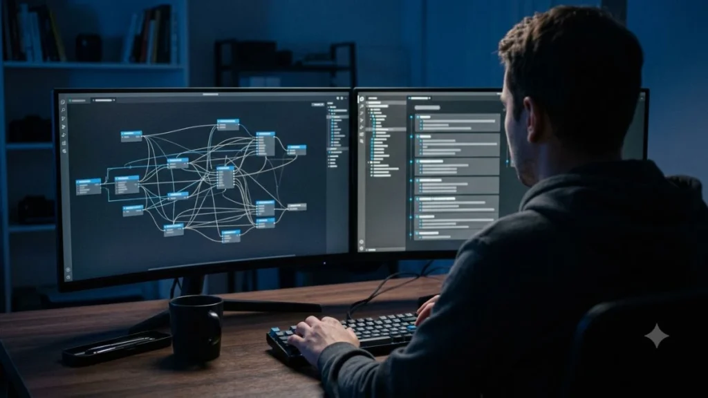 Developer comparing workflow automation tools on dual monitors — n8n vs Zapier feature and pricing breakdown for 2026.