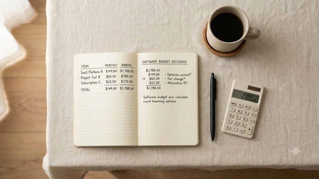 Minimalist desk with notebook and calculator — breaking down Zapier pricing plans and hidden costs for 2026.