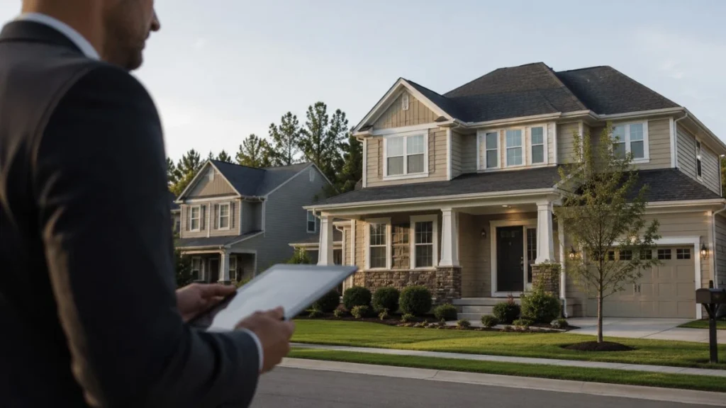 Real estate professional with tablet on a suburban street — ai tools for property valuation used by agents and appraisers.