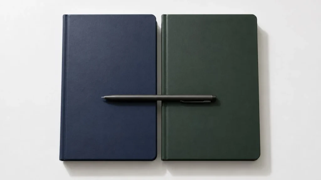 Two notebooks side by side on a white table representing chatgpt vs claude for business writing comparison.