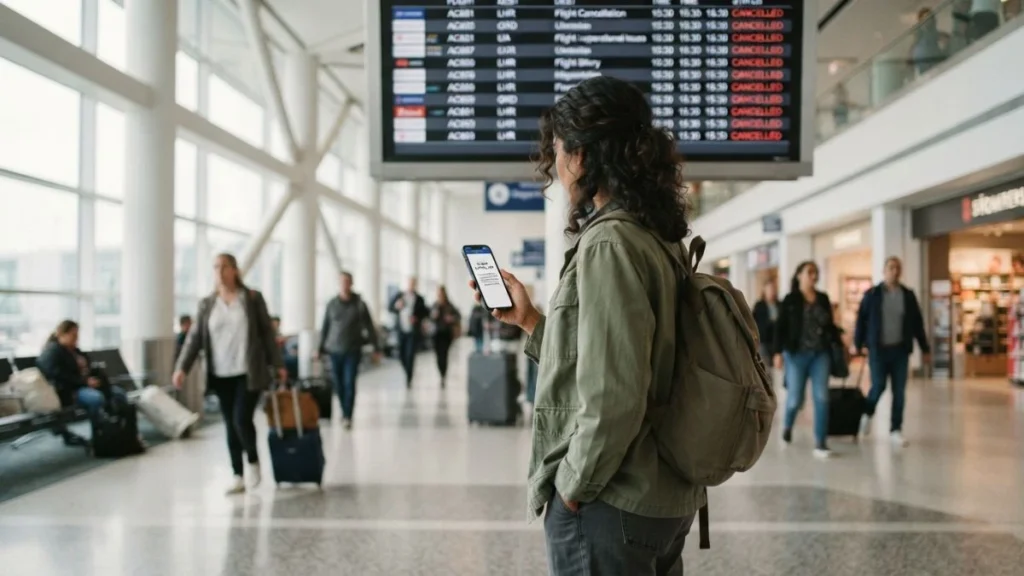 Traveler checking a flight cancellation notice and refund options