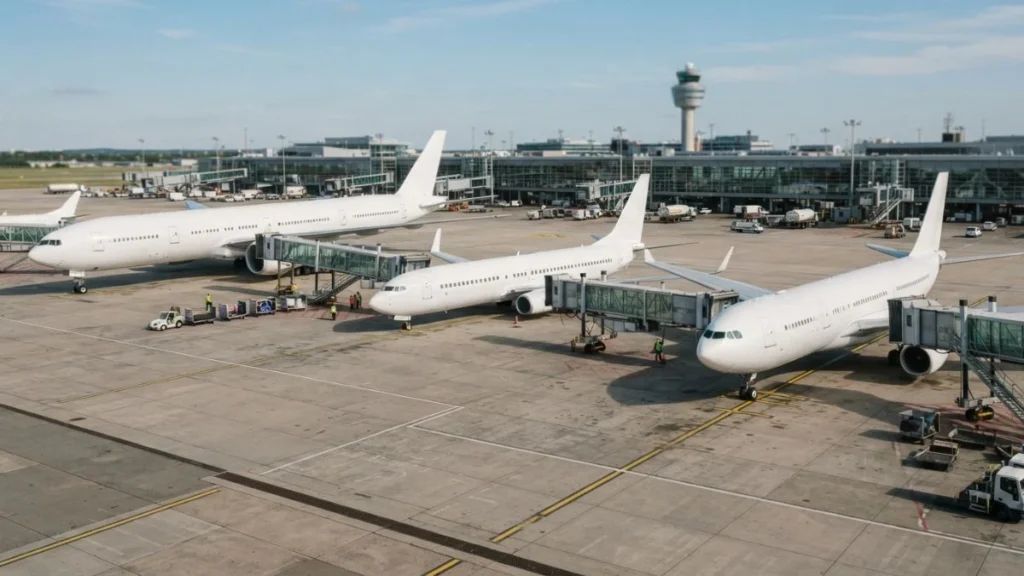 Multiple airline aircraft representing different global airline alliances at an airport
