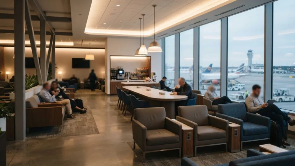 Traveler relaxing in an airport lounge accessed without a first class ticket
