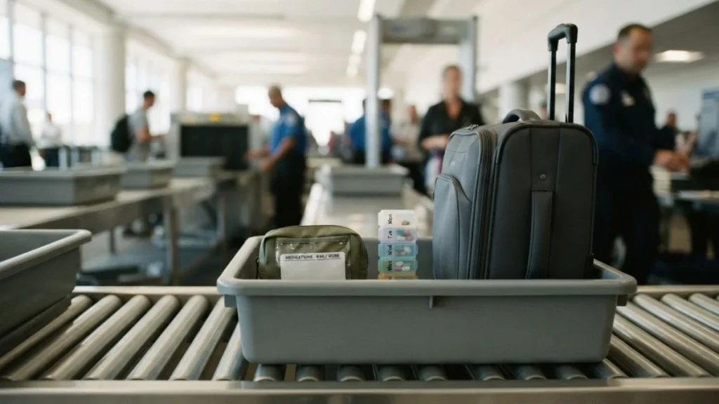 Medication placed in a screening bin for airport security checkpoint