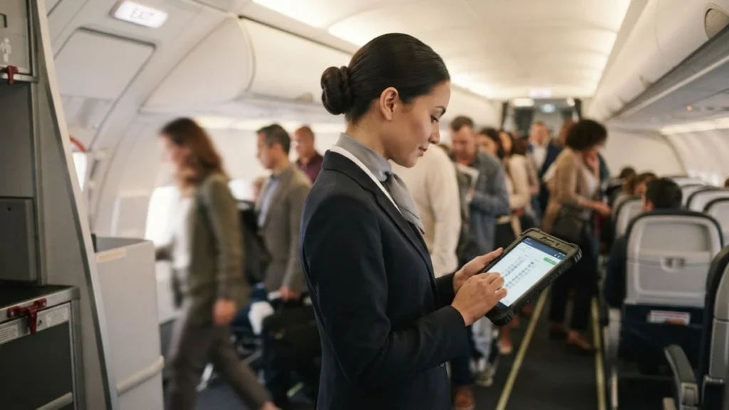 Flight attendant reviewing a seat map during aircraft boarding