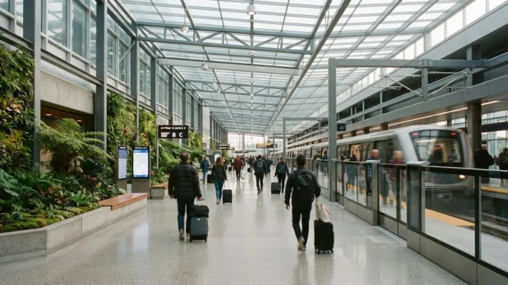 Skytrain platform connecting terminals at Changi Airport during a layover
