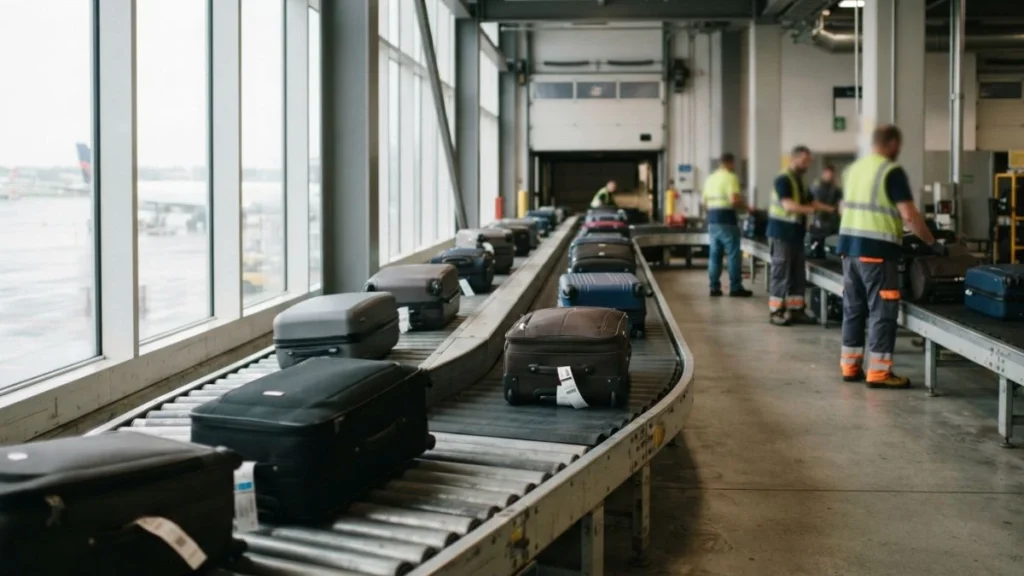 Checked bags moving along a conveyor belt during an airport connection