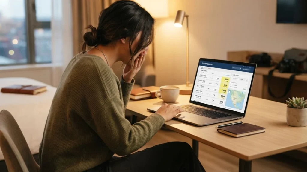 Traveler spotting an error fare deal while searching flights online