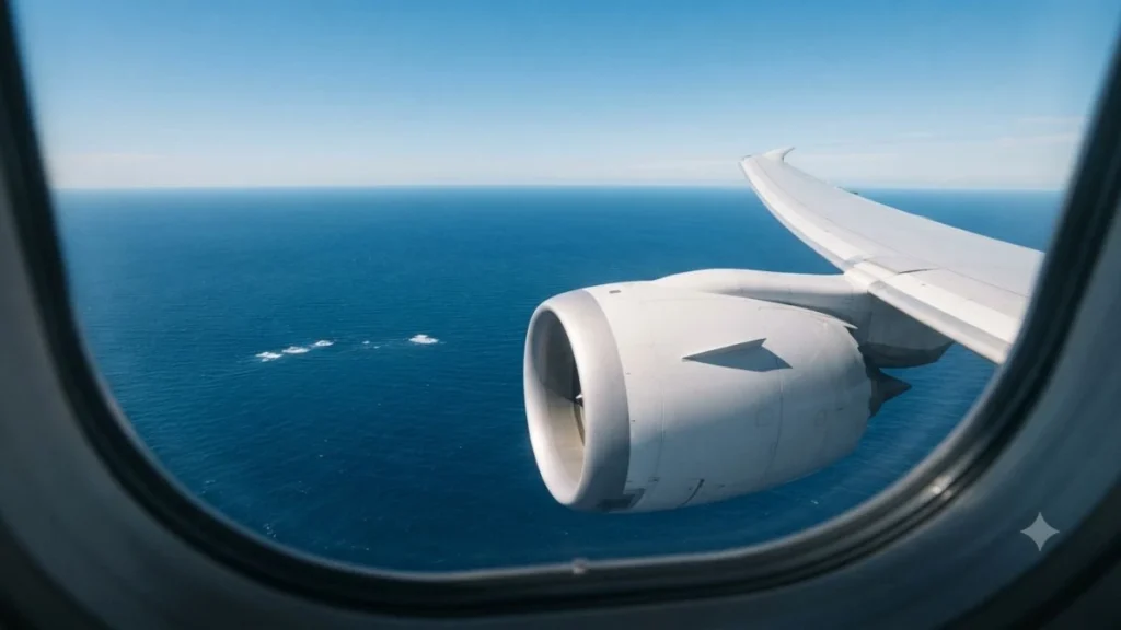 Twin-engine aircraft flying over open ocean under ETOPS certification