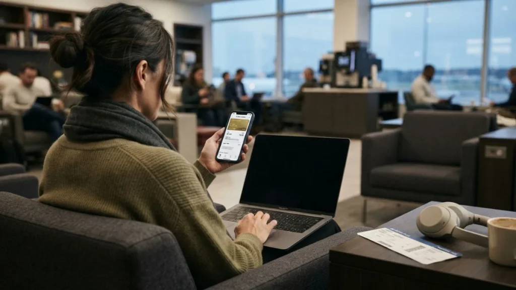 Traveler reviewing Flying Blue loyalty program status and miles on a smartphone