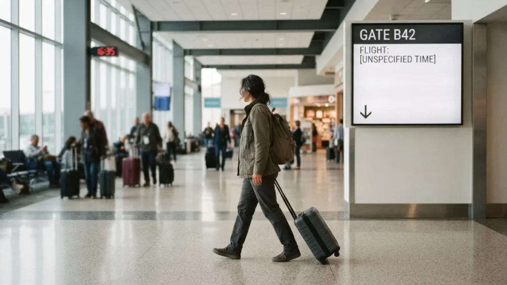 Traveler with carry-on luggage walking through an airport departure gate