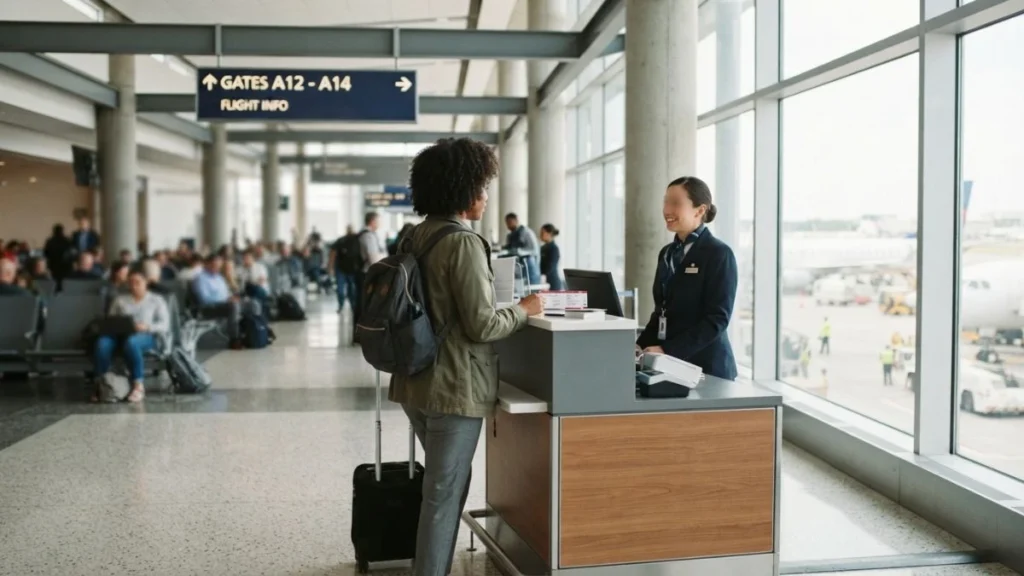 Traveler requesting a standby seat at an airport gate counter