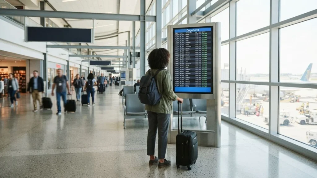 Traveler checking departure board to decide how early to arrive for an international flight