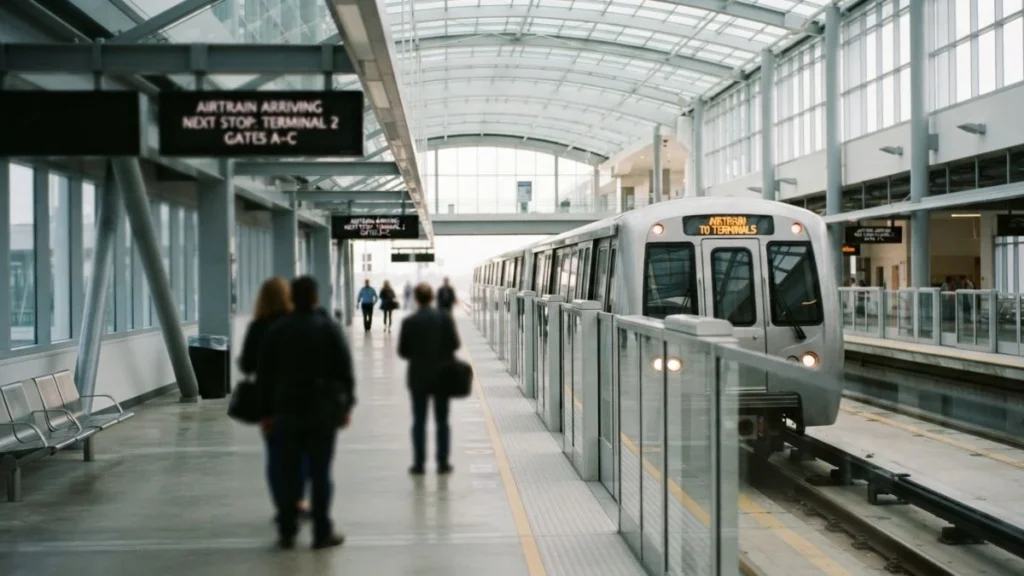 AirTrain platform connecting terminals during a JFK Airport layover