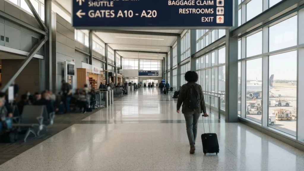 Traveler walking through an airport terminal deciding whether to leave during a layover