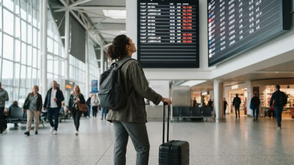 Traveler checking a departure board after missing a connecting flight
