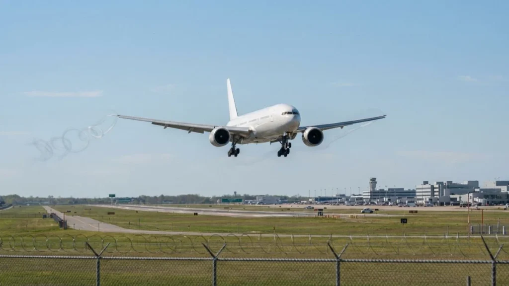 Aircraft on approach showing wake turbulence vortices trailing from the wingtips