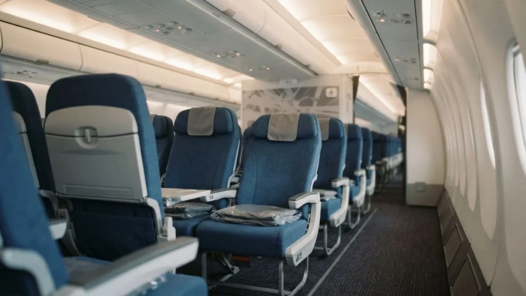 Reclined airplane economy seat showing the tilt mechanism in use