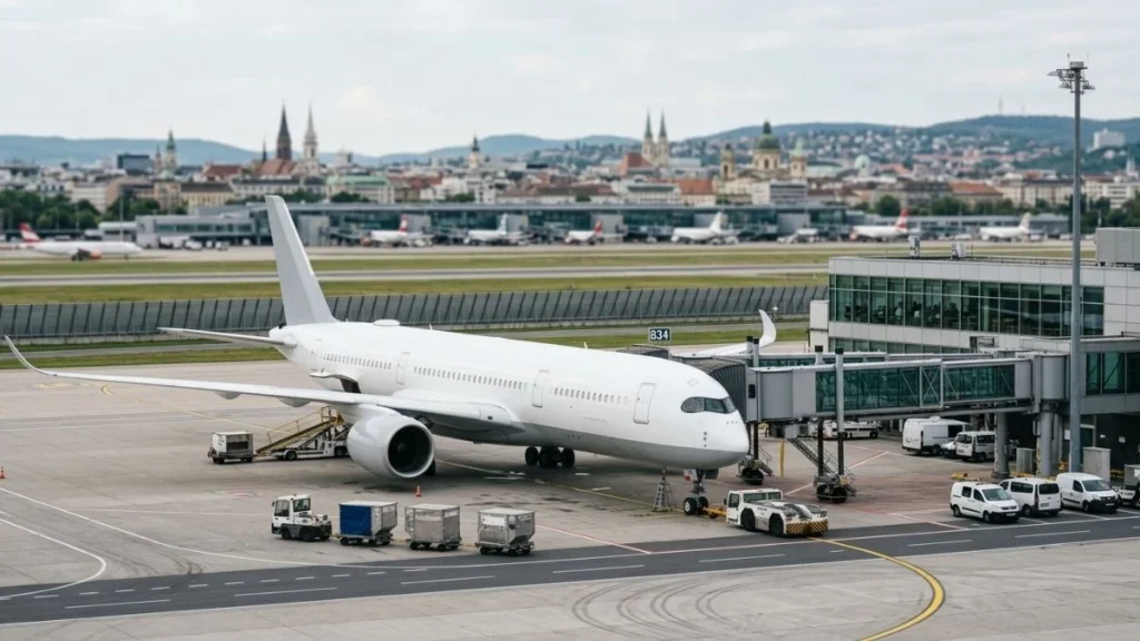 Widebody aircraft preparing for a transatlantic flight to Europe