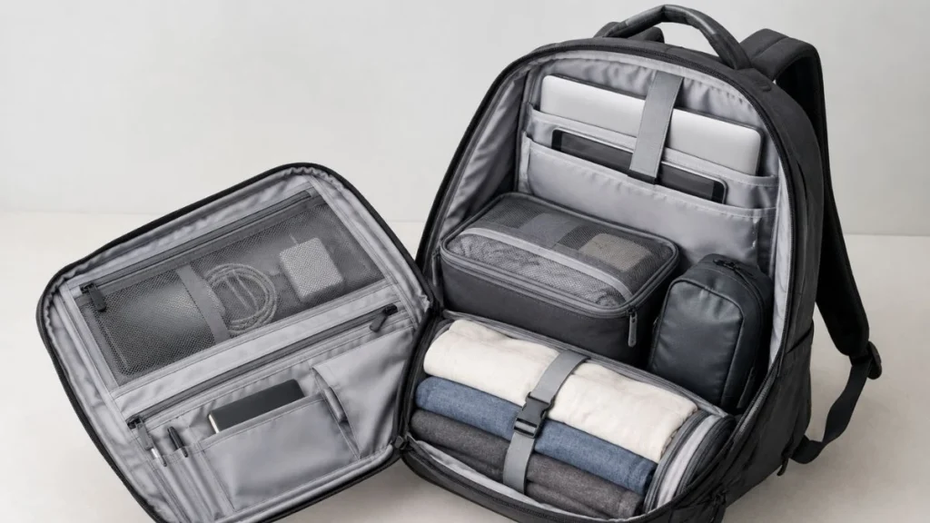 Travel carry-on backpack shown open with organized packing compartments