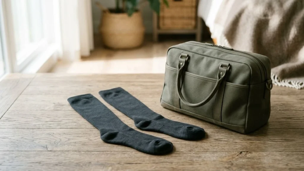 Knee-high compression socks packed for a long flight