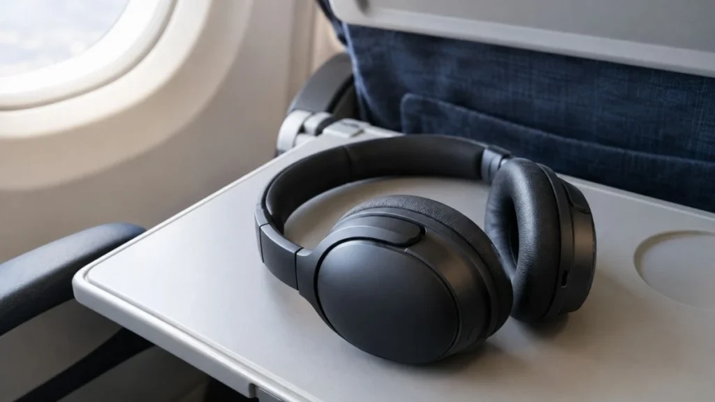 Noise-cancelling headphones placed on an airplane tray table