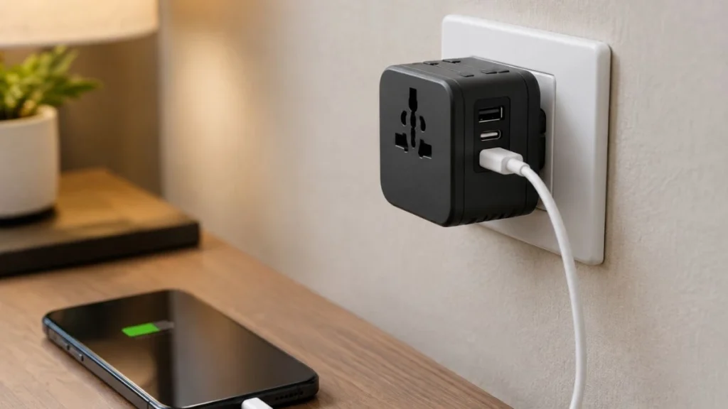 Universal travel adapter with USB ports plugged into a wall outlet