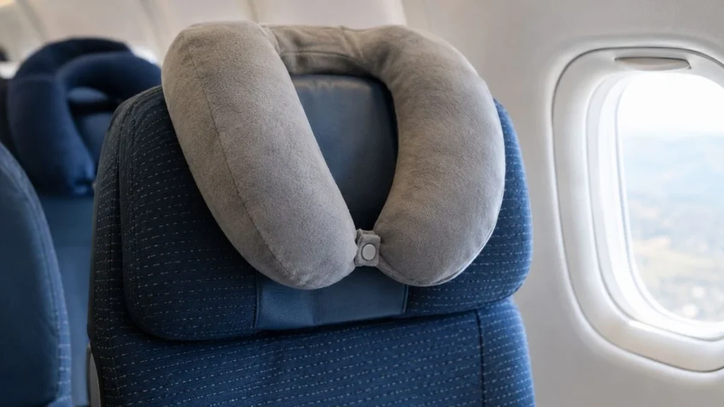 Travel neck pillow positioned on an airplane seat headrest