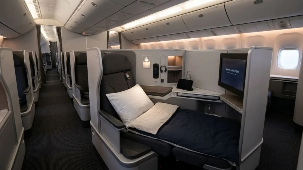 Lie-flat business class seat cabin interior on a widebody aircraft