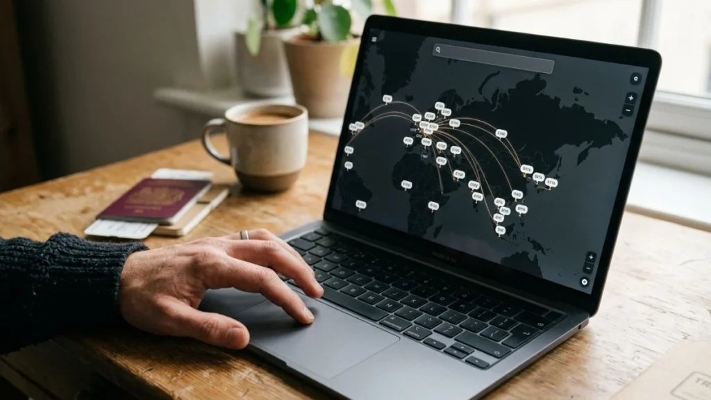 Laptop showing a flight search map used to find cheaper fares